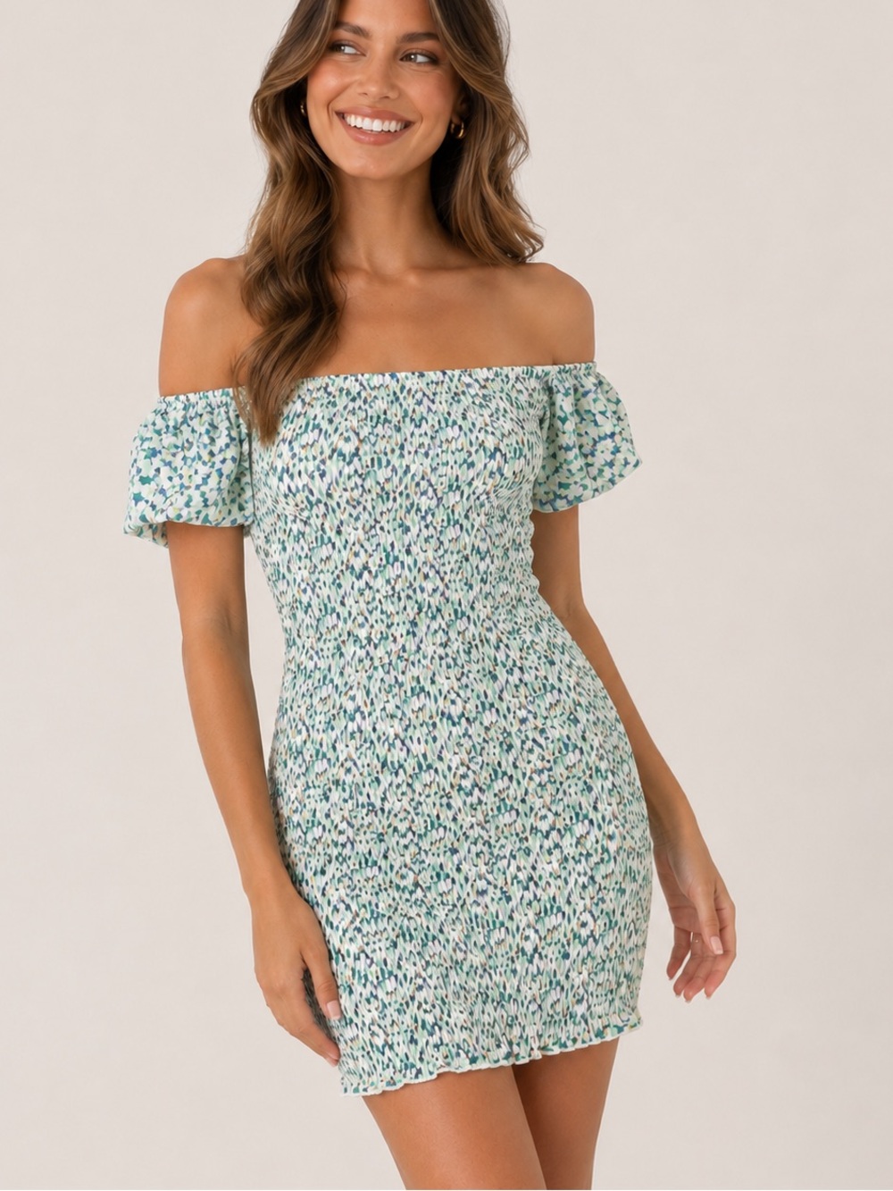 Petal & Pup Smocked Puff Sleeve Mini Dress Green White Abstract Print - Size 4